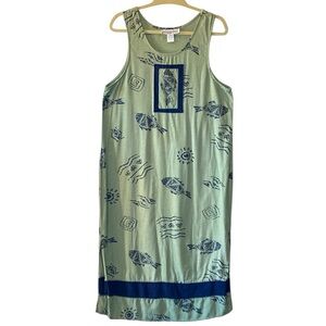 Vintage Maxi Dress Women’s 14 Green Blue Linen Blend Nautical Ocean Fish Beach
